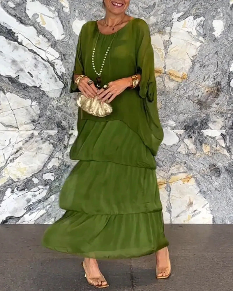 Maxi Dress for Women with Tiered Design and Batwing Sleeves - 3 - Rokvane