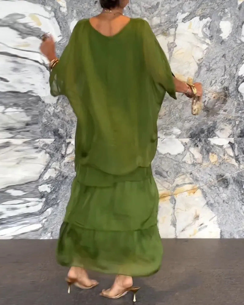Maxi Dress for Women with Tiered Design and Batwing Sleeves - 5 - Rokvane