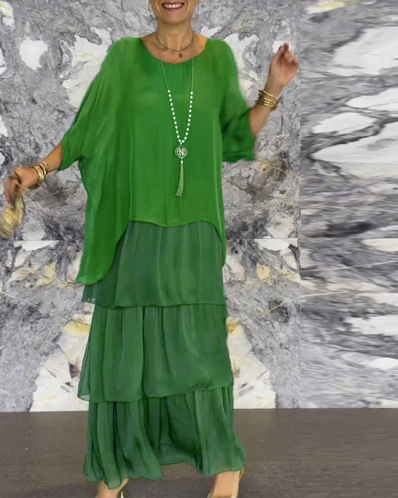 Maxi Dress for Women with Tiered Design and Batwing Sleeves - 6 - Rokvane