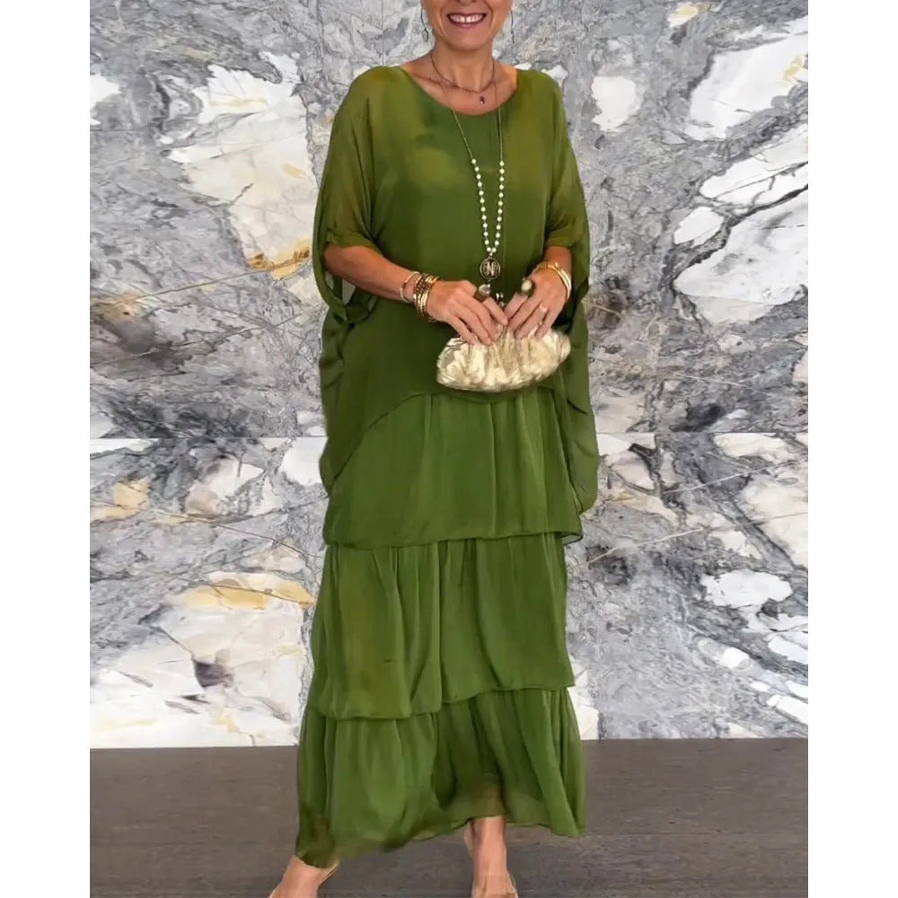 Maxi Dress for Women with Tiered Design and Batwing Sleeves - 7 - Rokvane