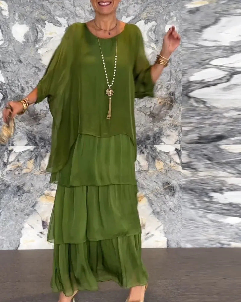 Maxi Dress for Women with Tiered Design and Batwing Sleeves - 8 - Rokvane