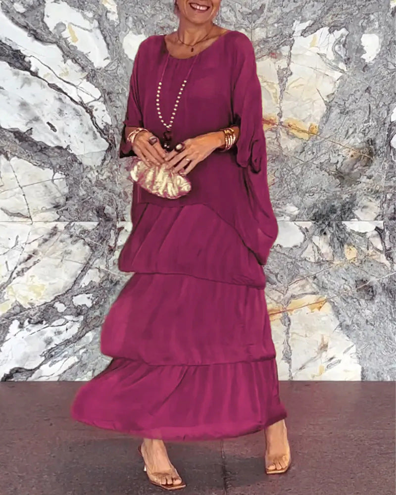 Maxi Dress for Women with Tiered Design and Batwing Sleeves - 11 - Rokvane