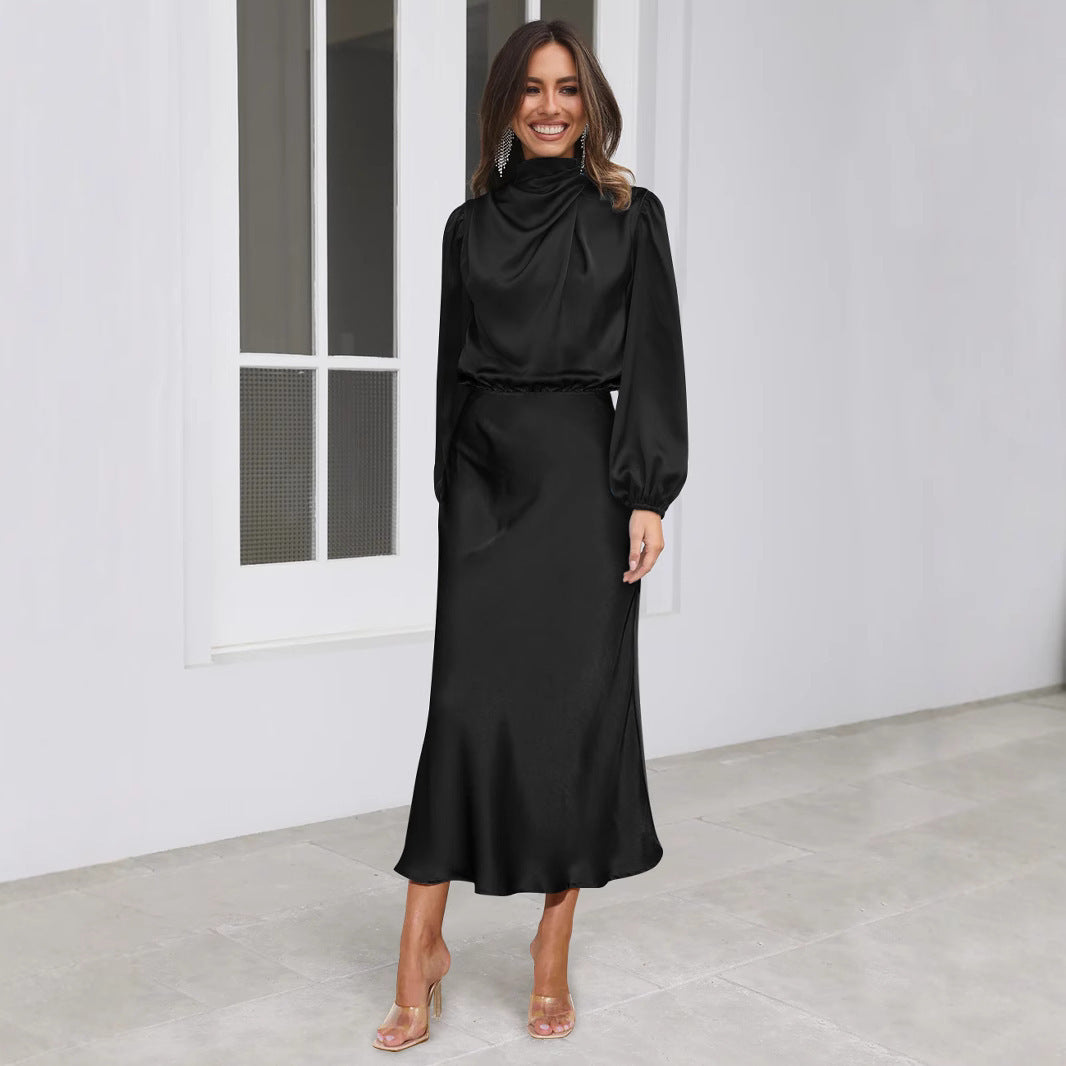 Midi Dress for Women with Long Sleeves and High Neckline - 1 - Rokvane