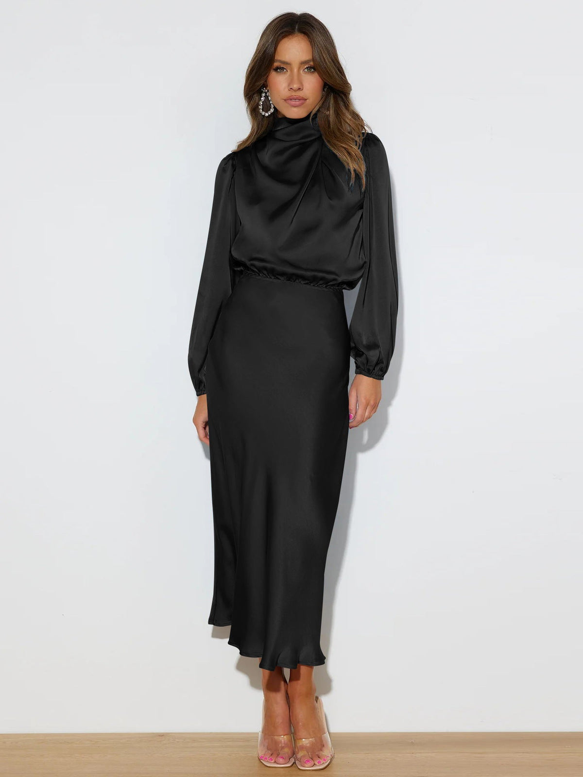 Midi Dress for Women with Long Sleeves and High Neckline - 2 - Rokvane