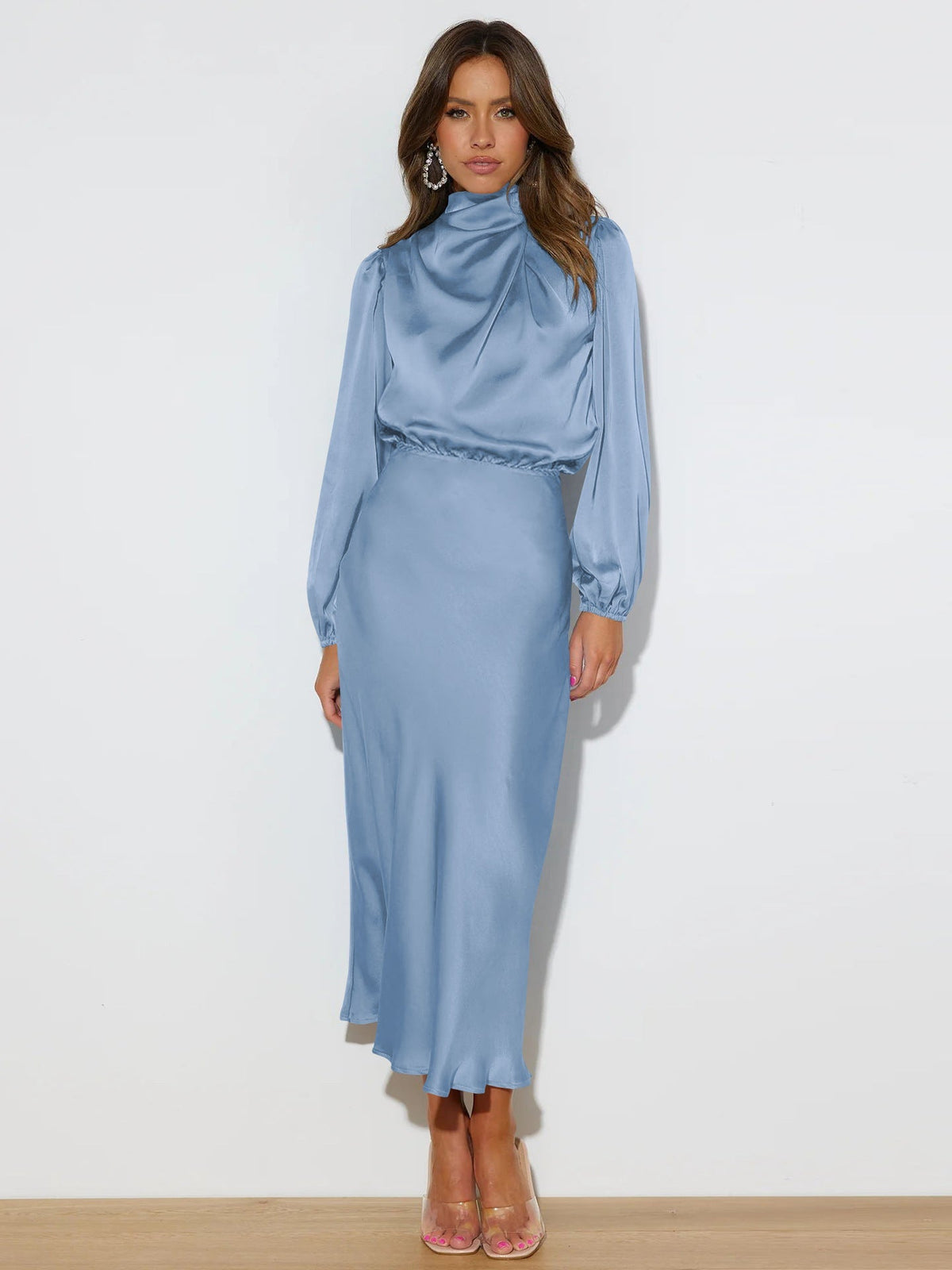 Midi Dress for Women with Long Sleeves and High Neckline - 3 - Rokvane