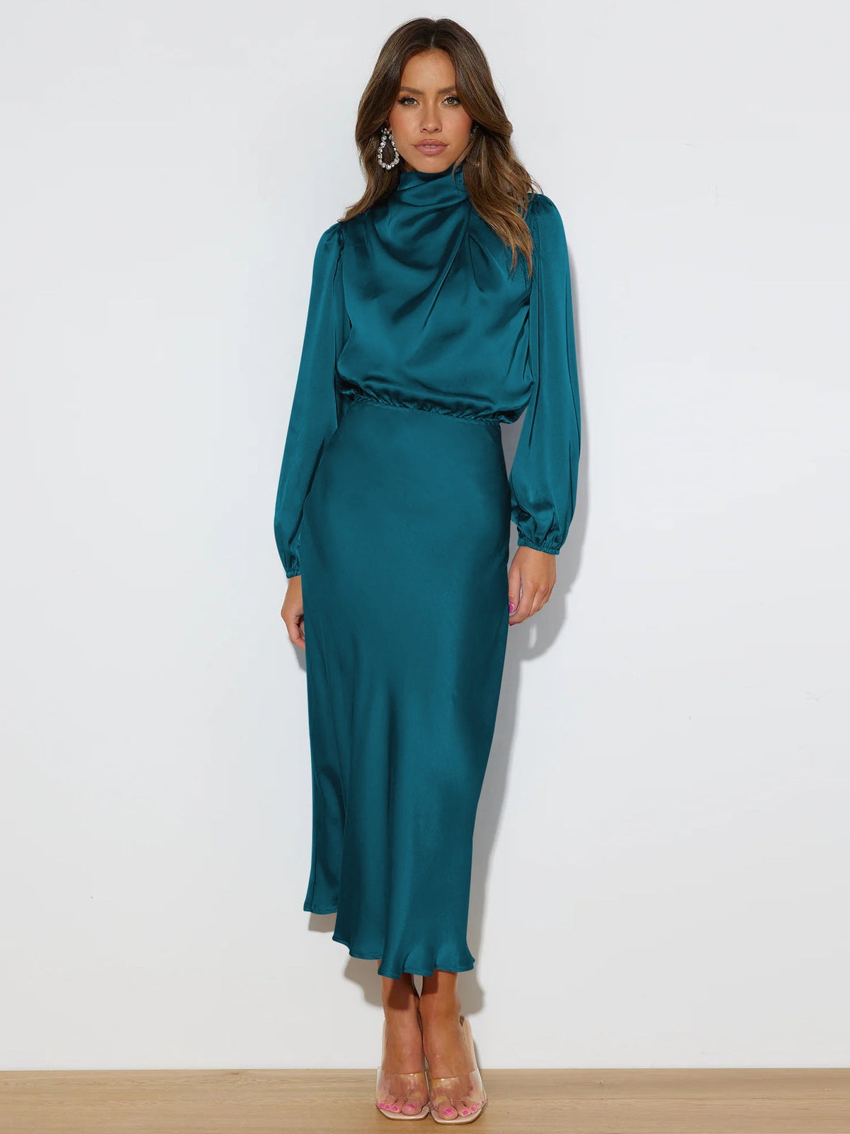 Midi Dress for Women with Long Sleeves and High Neckline - 4 - Rokvane
