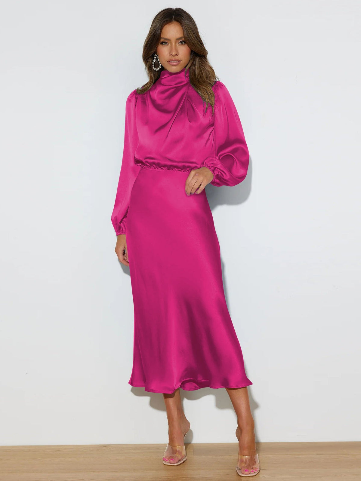 Midi Dress for Women with Long Sleeves and High Neckline - 10 - Rokvane
