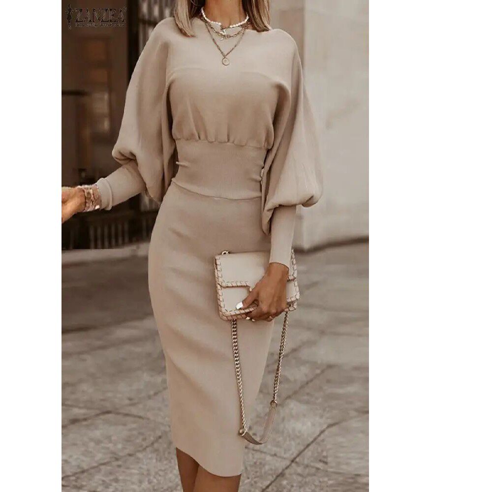 Midi Dress for Women with Elegant Puff Sleeves and Defined Waist - 1 - Rokvane