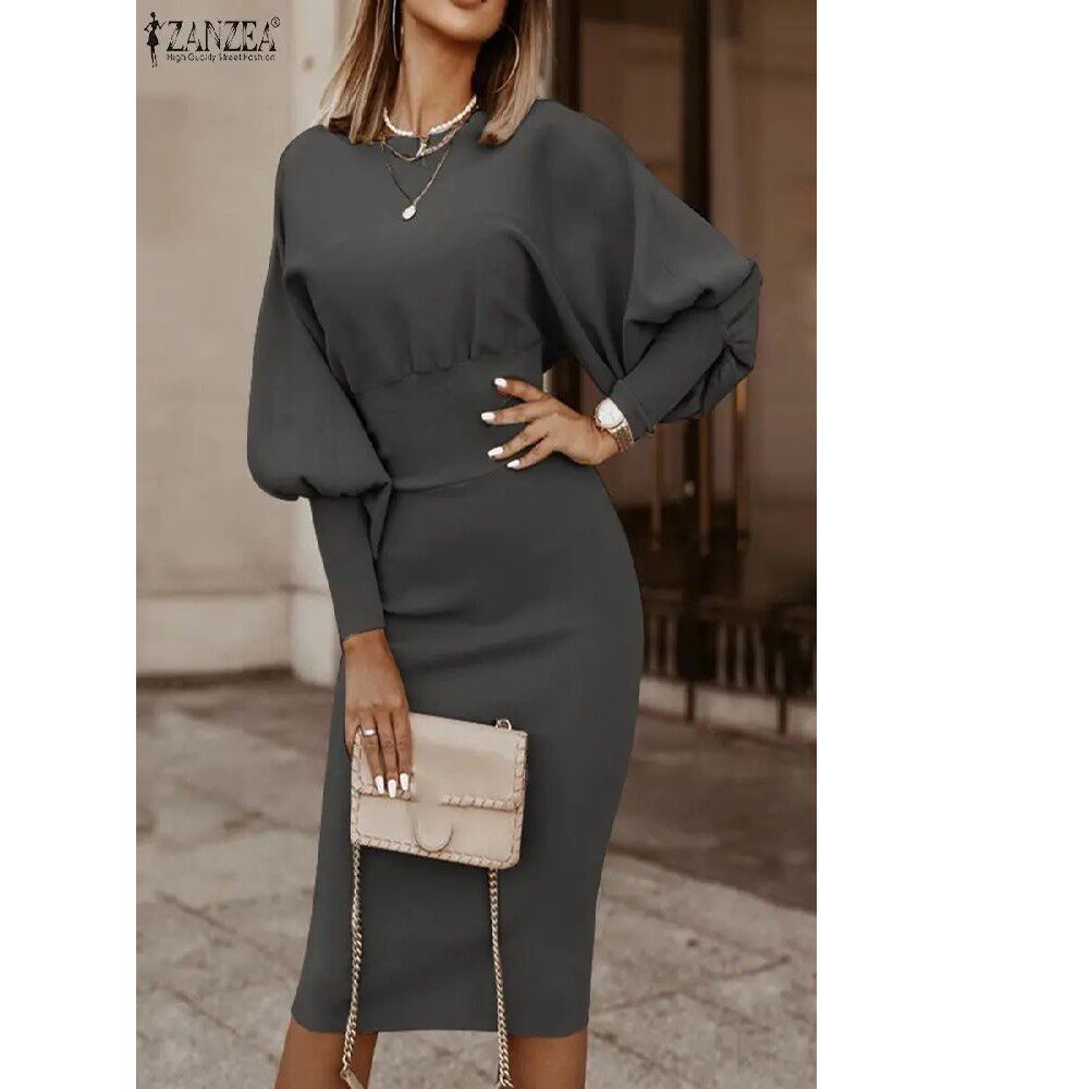 Midi Dress for Women with Elegant Puff Sleeves and Defined Waist - 2 - Rokvane