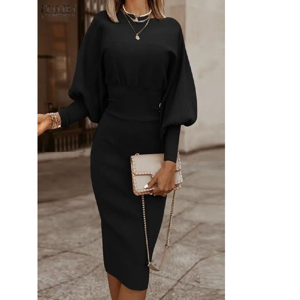 Midi Dress for Women with Elegant Puff Sleeves and Defined Waist - 4 - Rokvane