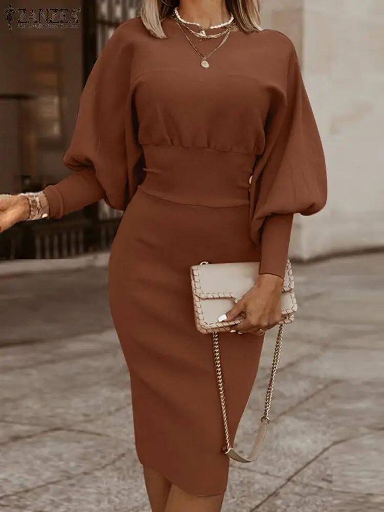 Midi Dress for Women with Elegant Puff Sleeves and Defined Waist - 5 - Rokvane