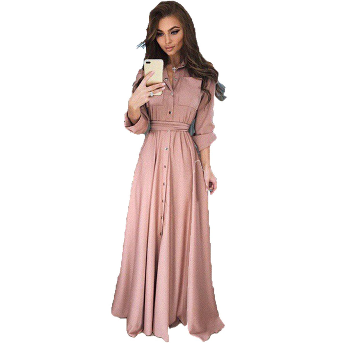 Maxi Dress Women with Tie Waist and Button Detail - 1 - Rokvane