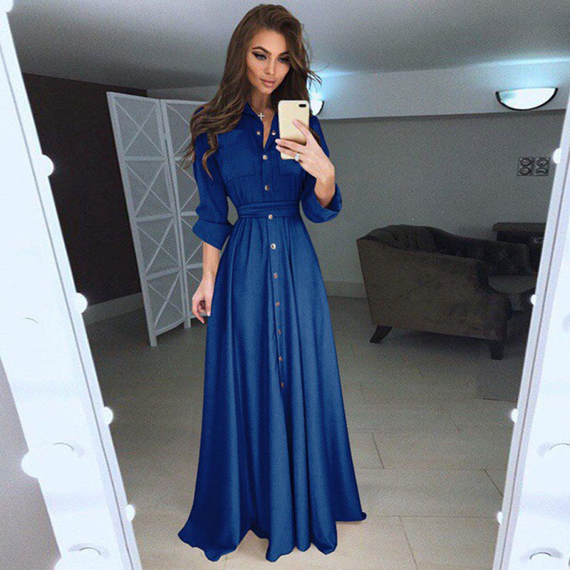 Maxi Dress Women with Tie Waist and Button Detail - 5 - Rokvane