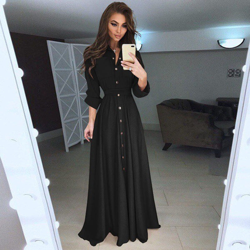 Maxi Dress Women with Tie Waist and Button Detail - 8 - Rokvane