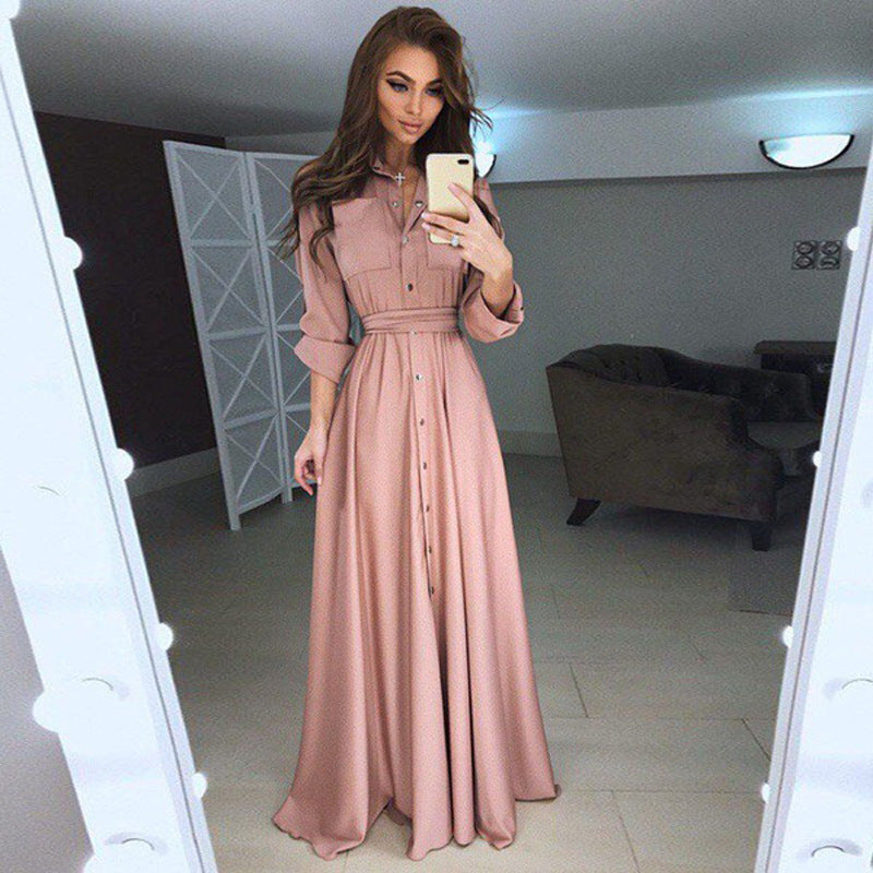 Maxi Dress Women with Tie Waist and Button Detail - 9 - Rokvane