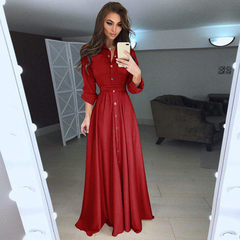Maxi Dress Women with Tie Waist and Button Detail - 10 - Rokvane