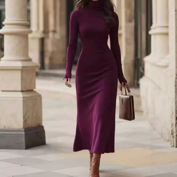 Maxi Dress Women Fitted Silhouette with Roll Neck Design - 10 - Rokvane