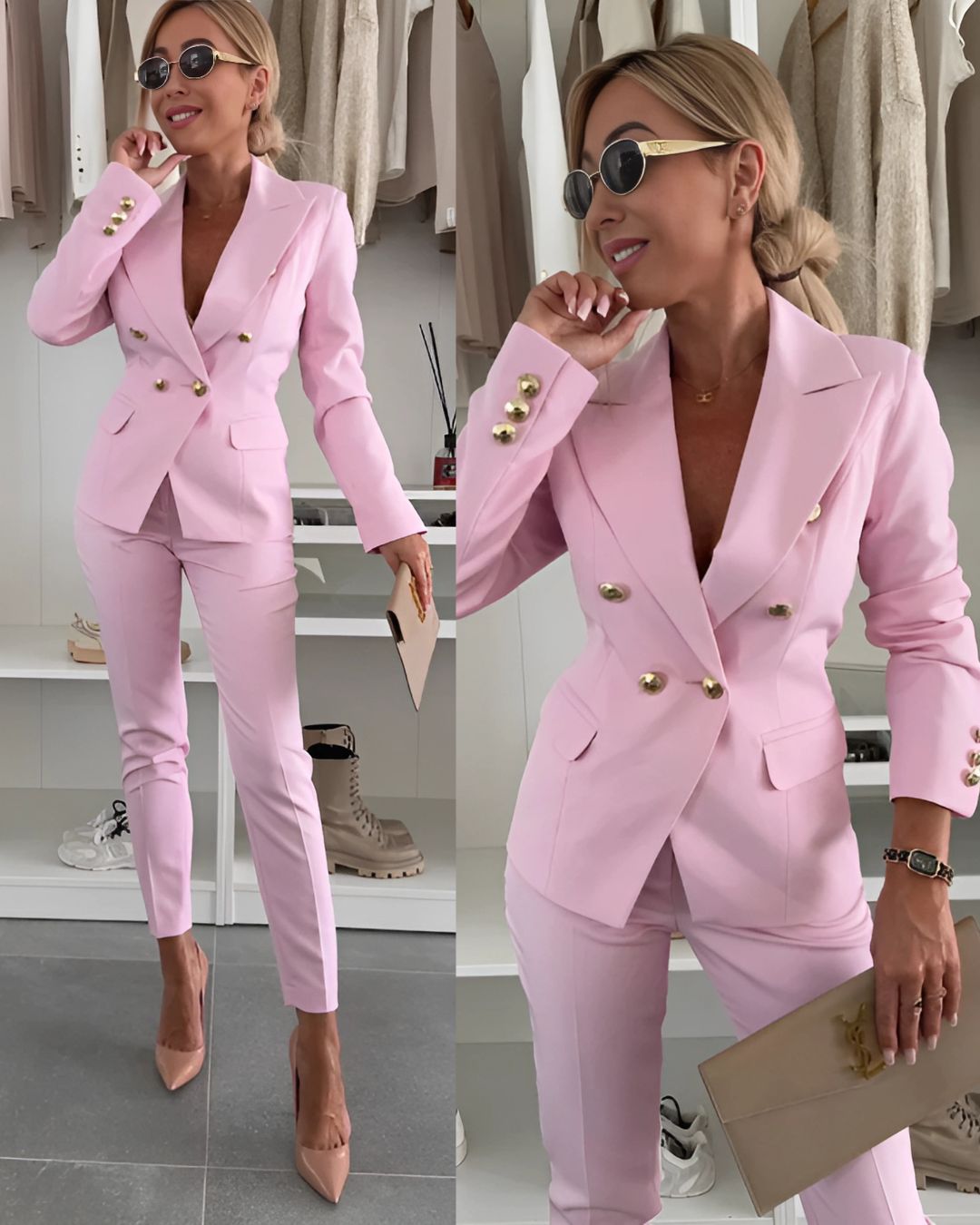 Tailored Women's Double-Breasted Blazer and Trousers Set - 4 - Rokvane