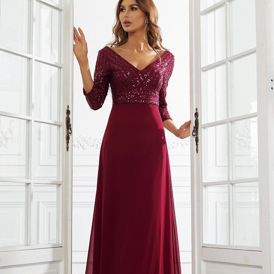 Evening Dress Women V-Neck Long Sleeve Flattering Fit - 12 - Rokvane