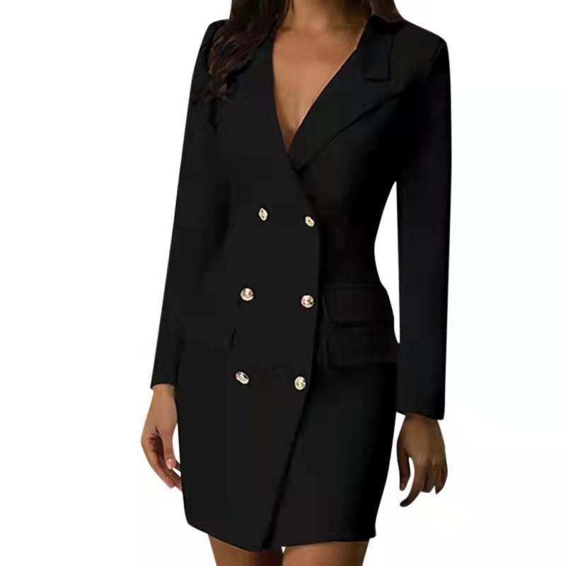 Double Breasted Women's Blazer Dress with Pockets and V-Neck - 11 - Rokvane