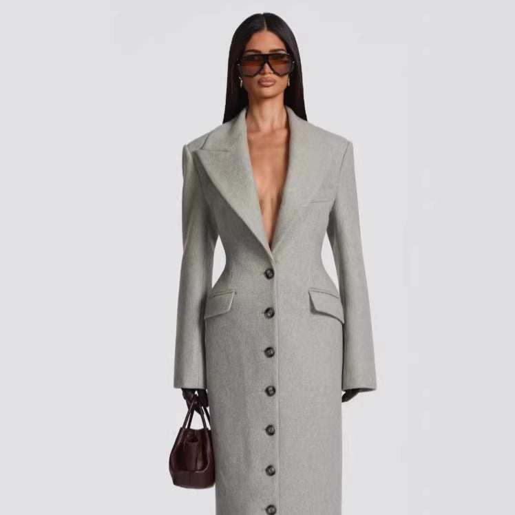 Coat Women's Tailored Longline Button Detail - 1 - Rokvane
