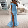 Evening Dress Women's Off-Shoulder Fitted Maxi with Slit - 5 - Rokvane