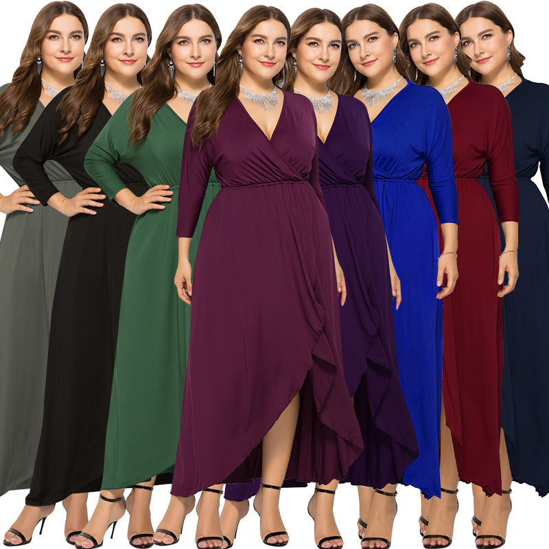 Maxi Dress Women's Wrap Silhouette with V-Neck and High Slit - 14 - Rokvane