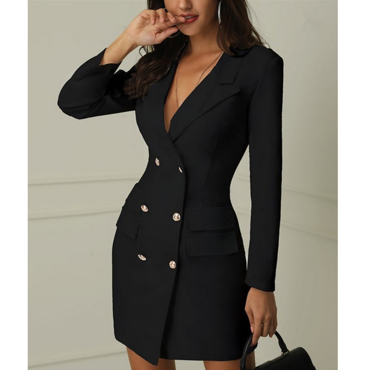 Blazer Dress Women Fitted V-Neck Long Sleeve with Double Breasted Buttons - 3 - Rokvane