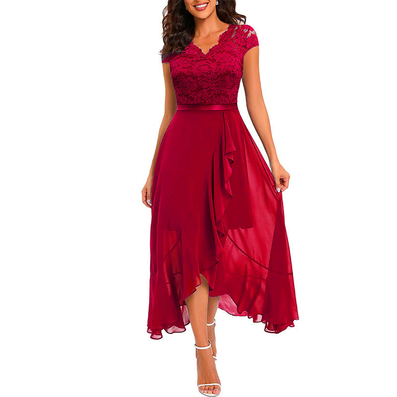 Evening Dress Women's V-neck Cap Sleeve High-Low with Ruffle Detail - 6 - Rokvane
