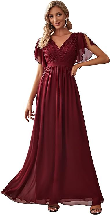 Maxi Dress Women's V-Neck Flattering Wrap Style with Flutter Sleeves - 1 - Rokvane