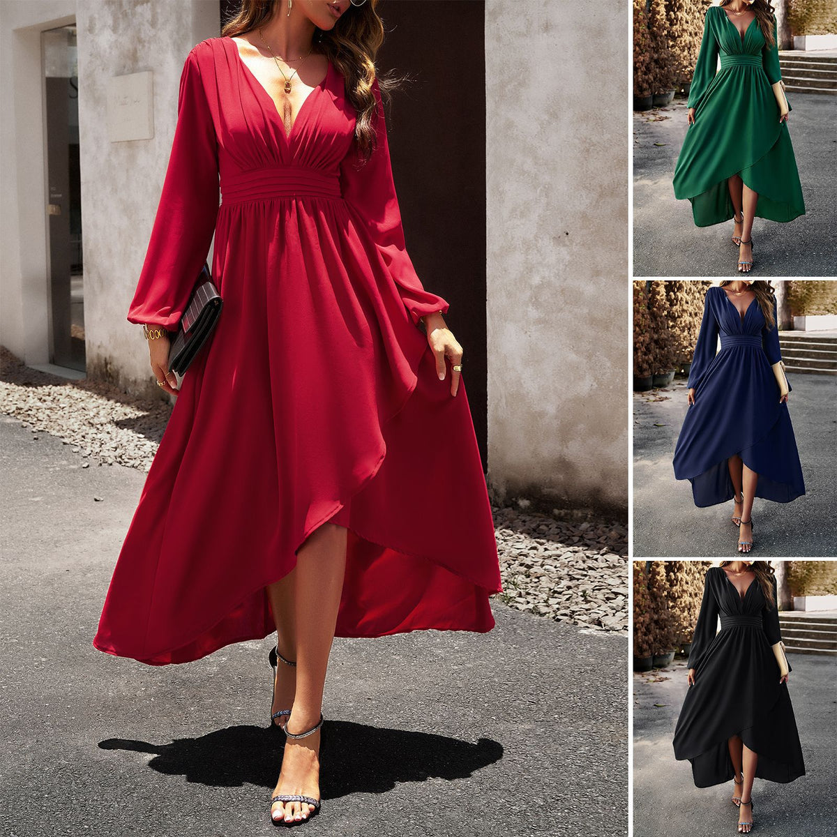 Maxi Dress Women's V-Neck Long Sleeve Wrap Design - 7 - Rokvane