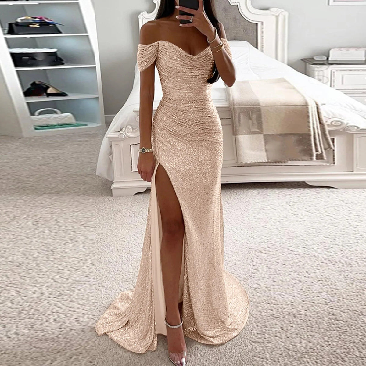 Evening Dress Women's Off-Shoulder Fitted Maxi with Slit - 7 - Rokvane