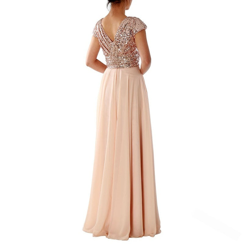 Evening Dress Women V-Neck Cap Sleeve A-Line Flattering Fit - 1 - Rokvane