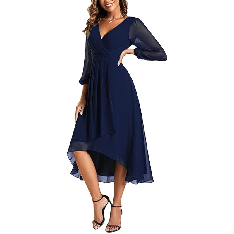 Midi Dress Women's V-Neck Long Sleeve High-Low Hem - 2 - Rokvane