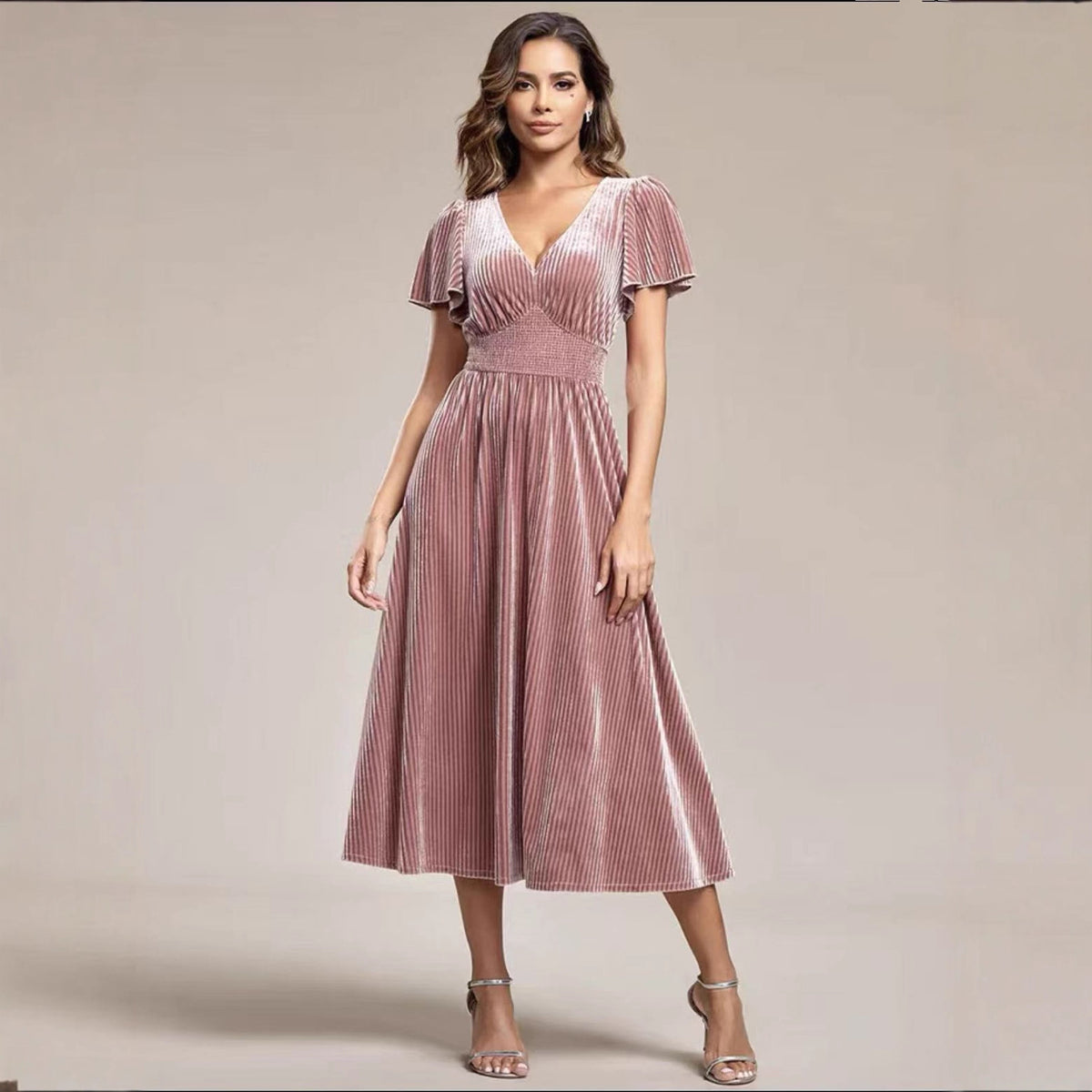 Midi Dress Women's Flared Silhouette with V-Neck and Ruffled Sleeves - 3 - Rokvane