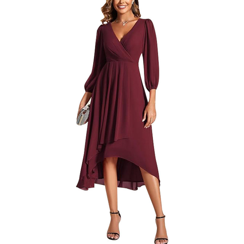 Midi Dress Women's V-Neck Long Sleeve High-Low Hem - 6 - Rokvane