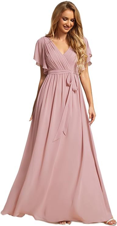 Maxi Dress Women's V-Neck Flattering Wrap Style with Flutter Sleeves - 9 - Rokvane
