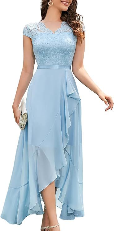 Evening Dress Women's V-neck Cap Sleeve High-Low with Ruffle Detail - 2 - Rokvane