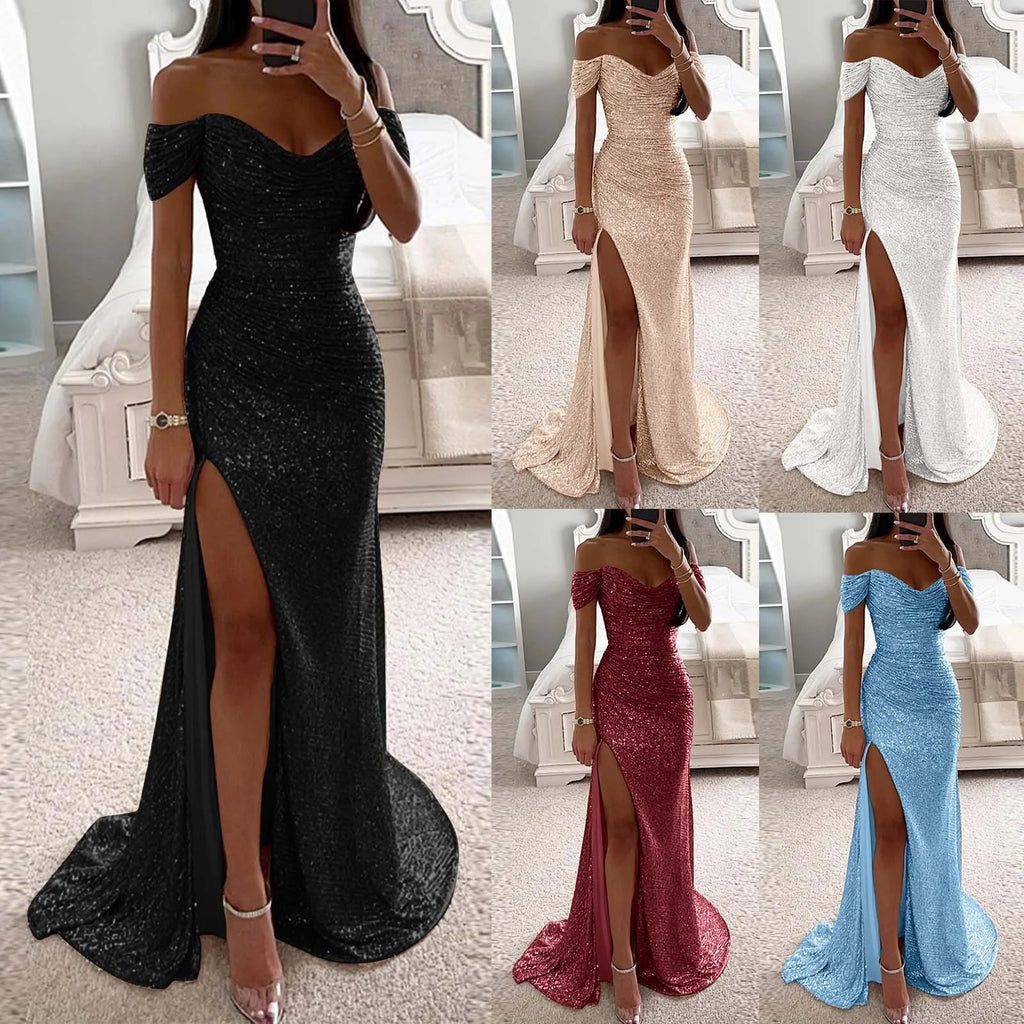 Evening Dress Women's Off-Shoulder Fitted Maxi with Slit - 1 - Rokvane