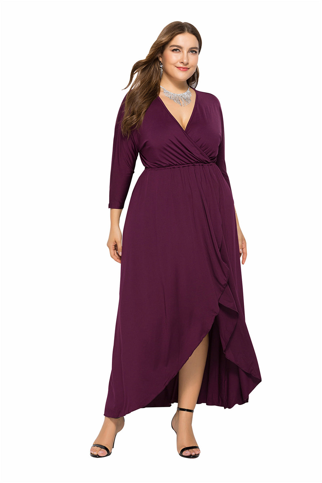 Maxi Dress Women's Wrap Silhouette with V-Neck and High Slit - 12 - Rokvane