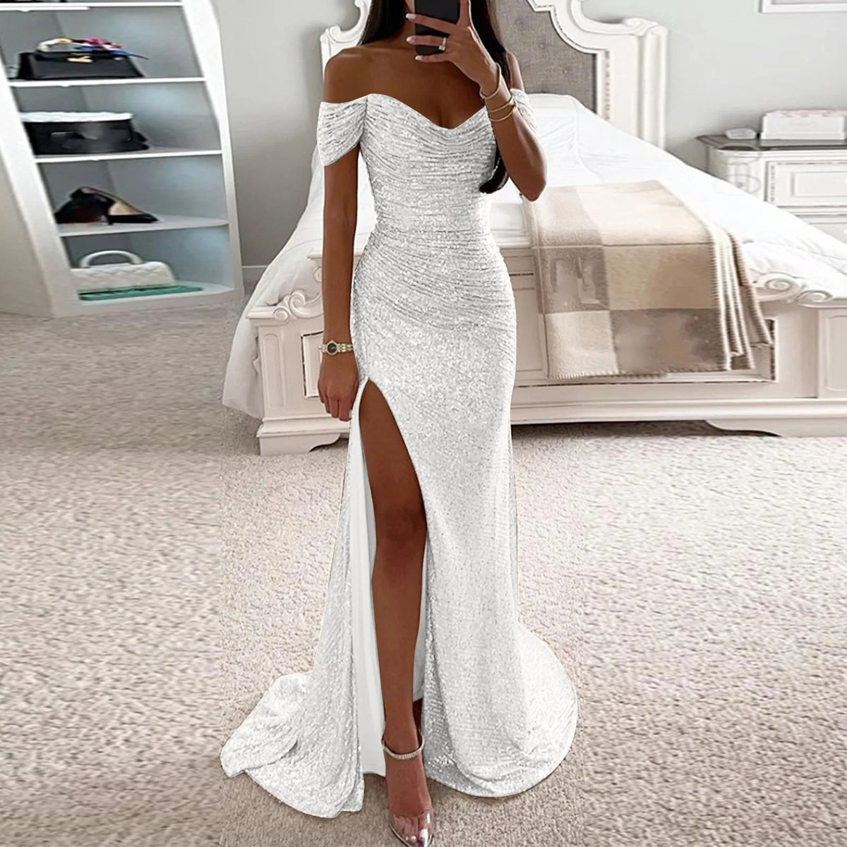 Evening Dress Women's Off-Shoulder Fitted Maxi with Slit - 2 - Rokvane