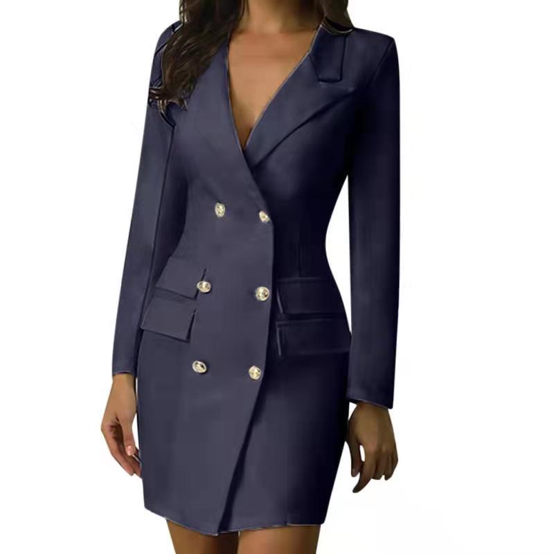 Double Breasted Women's Blazer Dress with Pockets and V-Neck - 5 - Rokvane