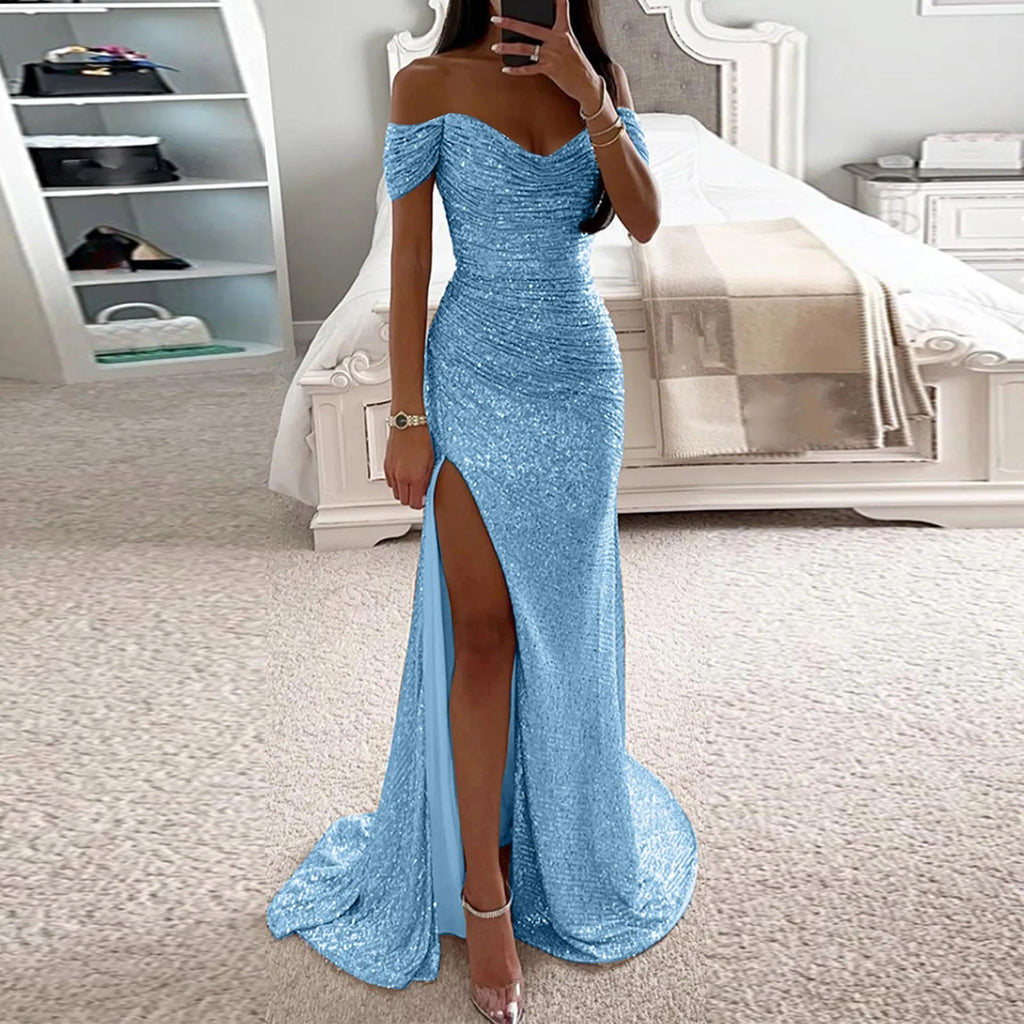 Evening Dress Women's Off-Shoulder Fitted Maxi with Slit - 9 - Rokvane