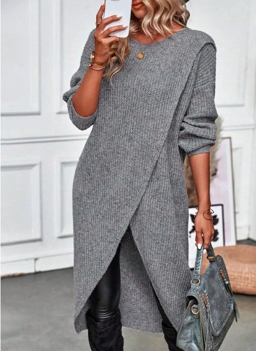 Dress Women's Long Sleeve Wrap Dress with Asymmetric Hem - 5 - Rokvane