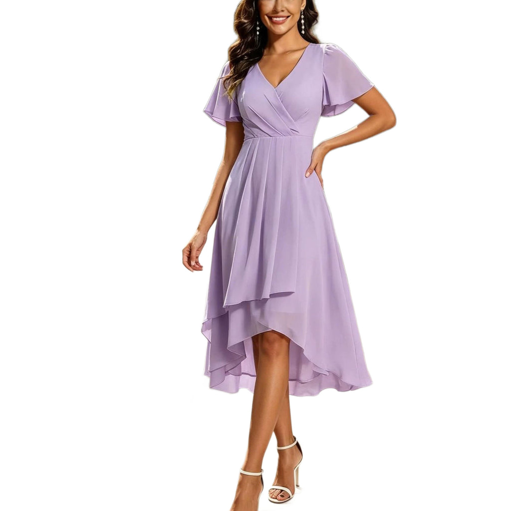 Midi Dress Women's Wrap Cut with Flutter Sleeves and Asymmetric Hem - 9 - Rokvane