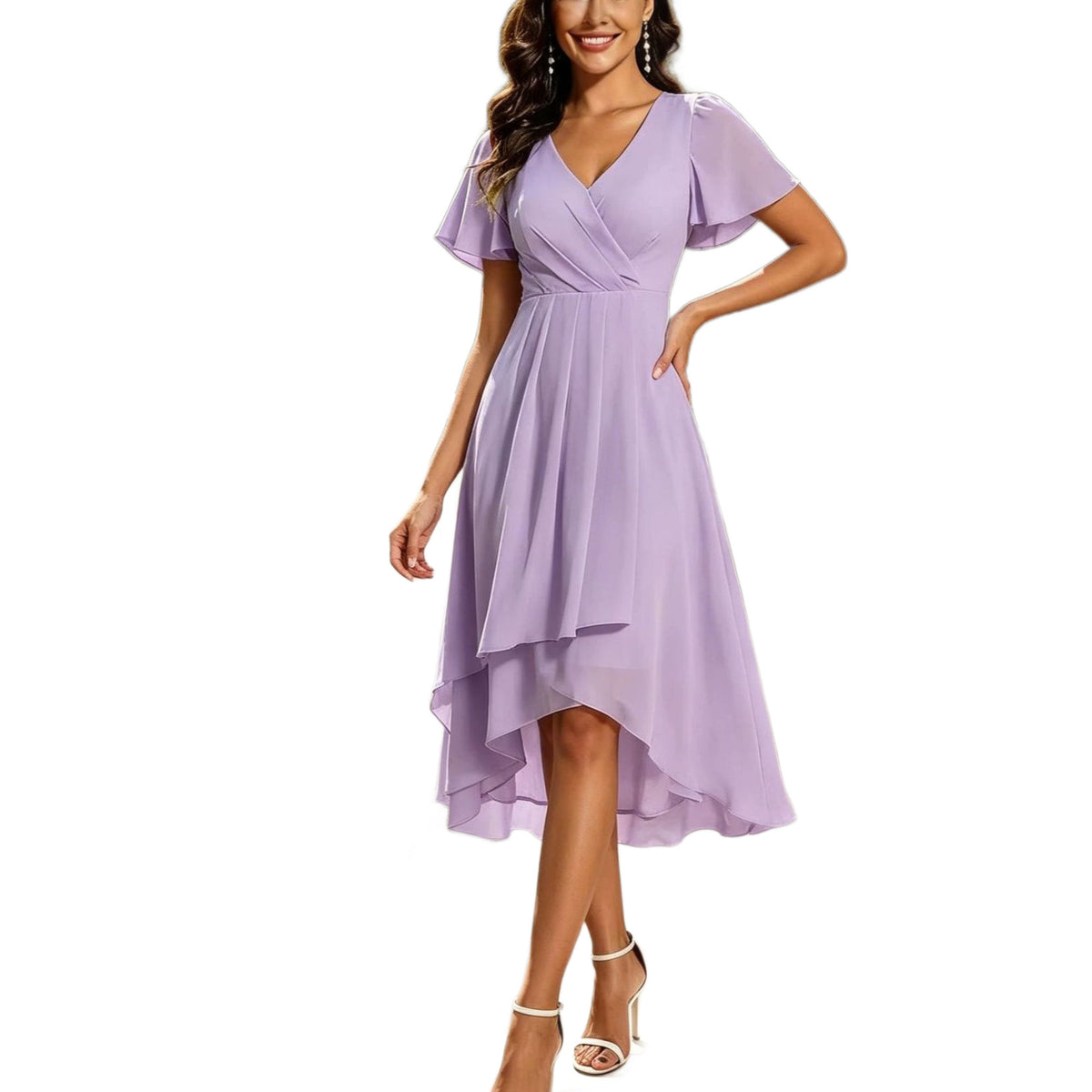 Midi Dress Women's Wrap Cut with Flutter Sleeves and Asymmetric Hem - 9 - Rokvane