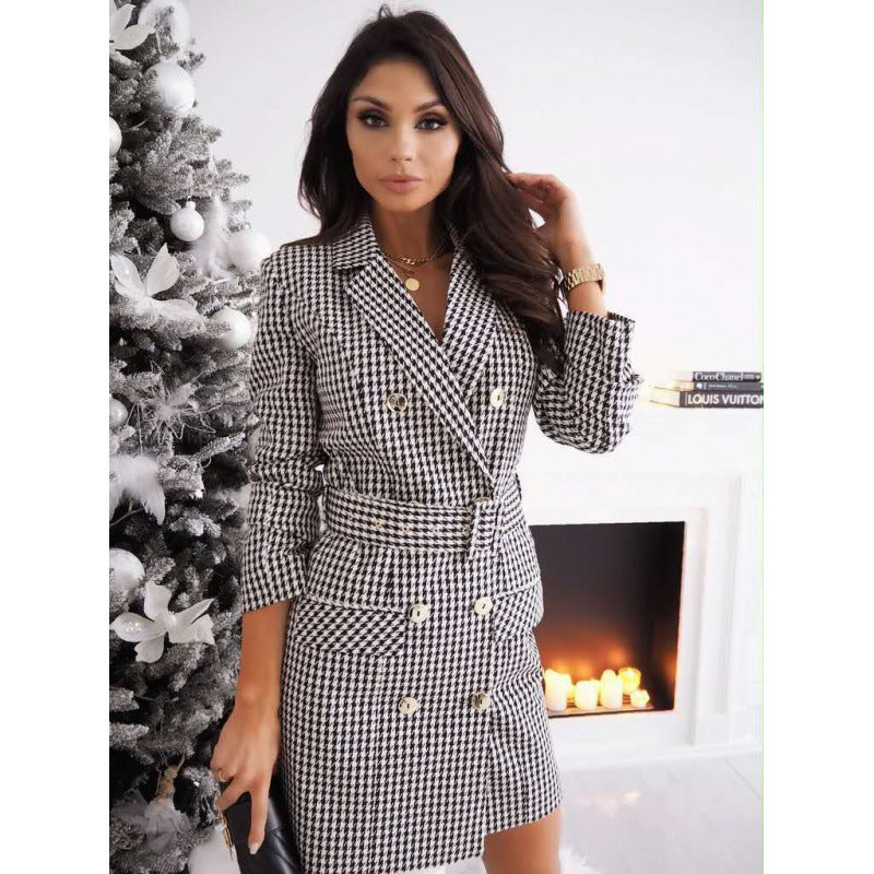 Check Print Women's Blazer Dress with Belted Waist - 3 - Rokvane