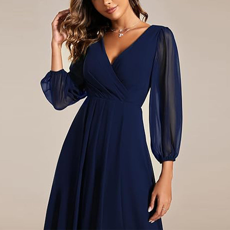 Midi Dress Women's V-Neck Long Sleeve High-Low Hem - 4 - Rokvane
