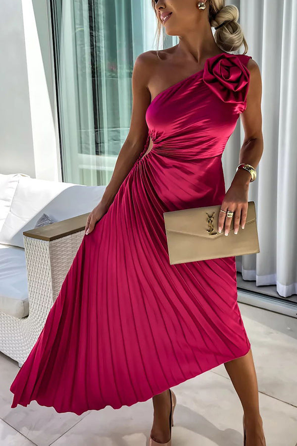 Evening Dress Women's Asymmetrical Pleated Design with Floral Detail - 8 - Rokvane