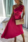 Evening Dress Women's Asymmetrical Pleated Design with Floral Detail - 8 - Rokvane